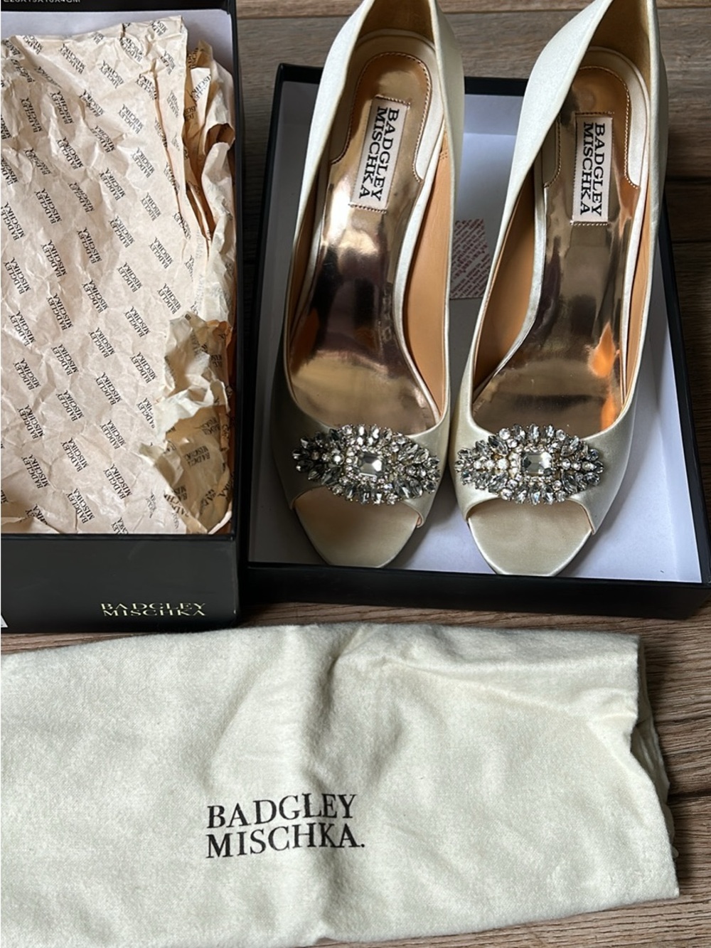 Badgley Mischka Ivory Satin Peep-Toe Heels with Crystal Brooch